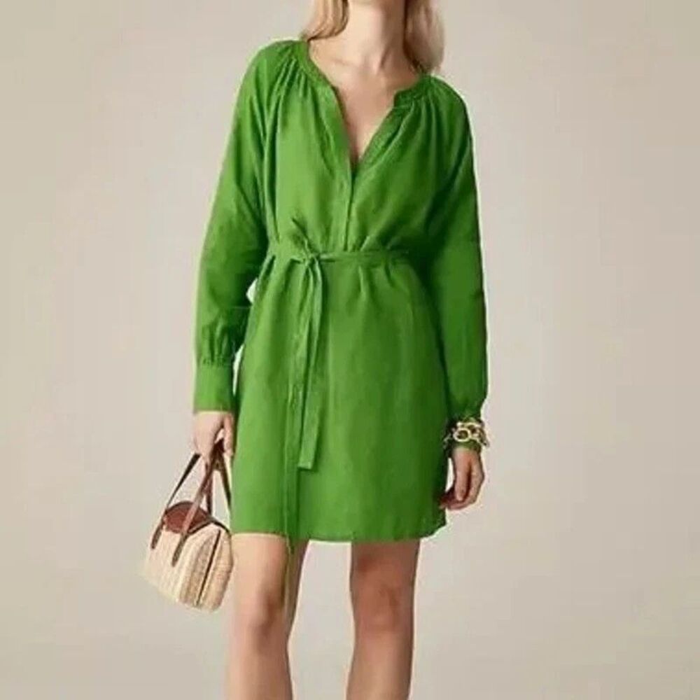 J.Crew Dress Womens Small Green Linen Long Sleeve Belted Shirt Pockets CI922